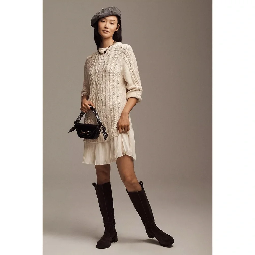 Anthropologie Cream Knit Dress with Ruffle Hem - Picture 2 of 4